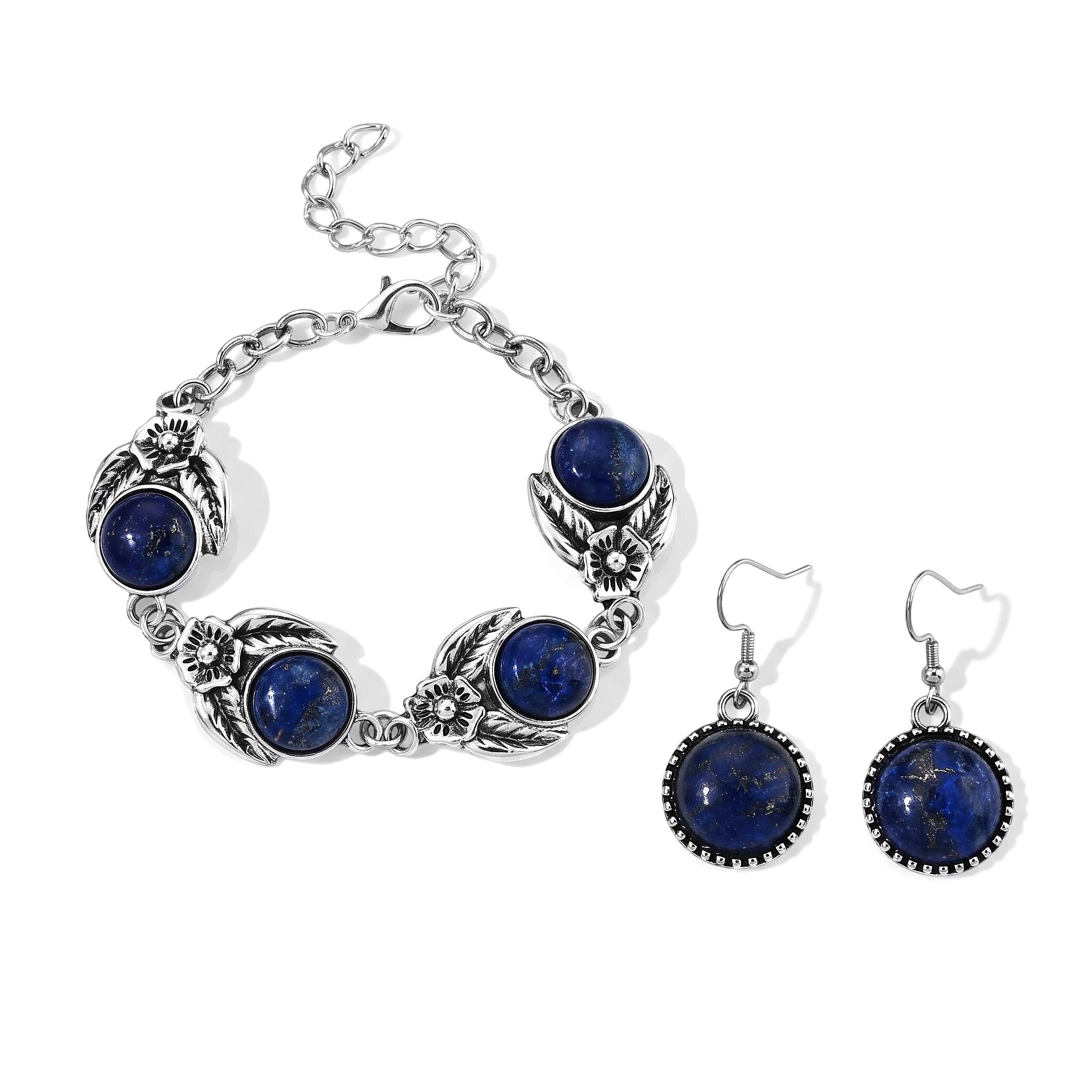 Lapis Lazuli 75.00 ctw Earrings and Bracelet (7-9In) in Silvertone and Stainless Steel