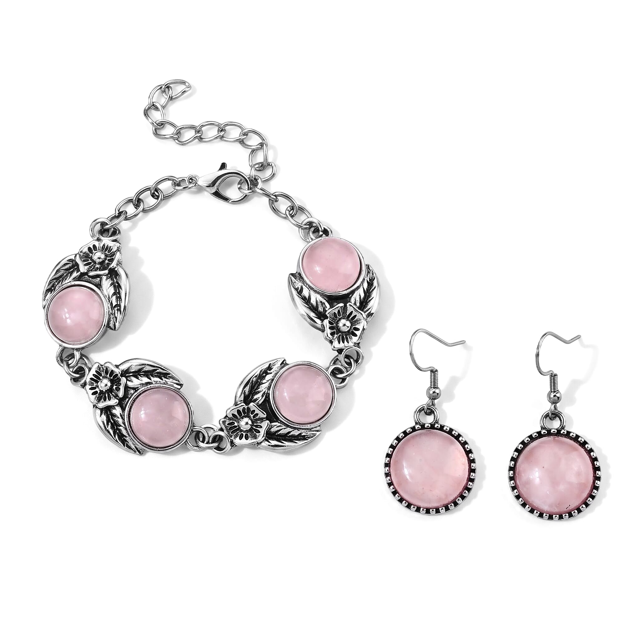 Rose Quartz 75.00 ctw Earrings and Bracelet (7-9In) in Silvertone and Stainless Steel