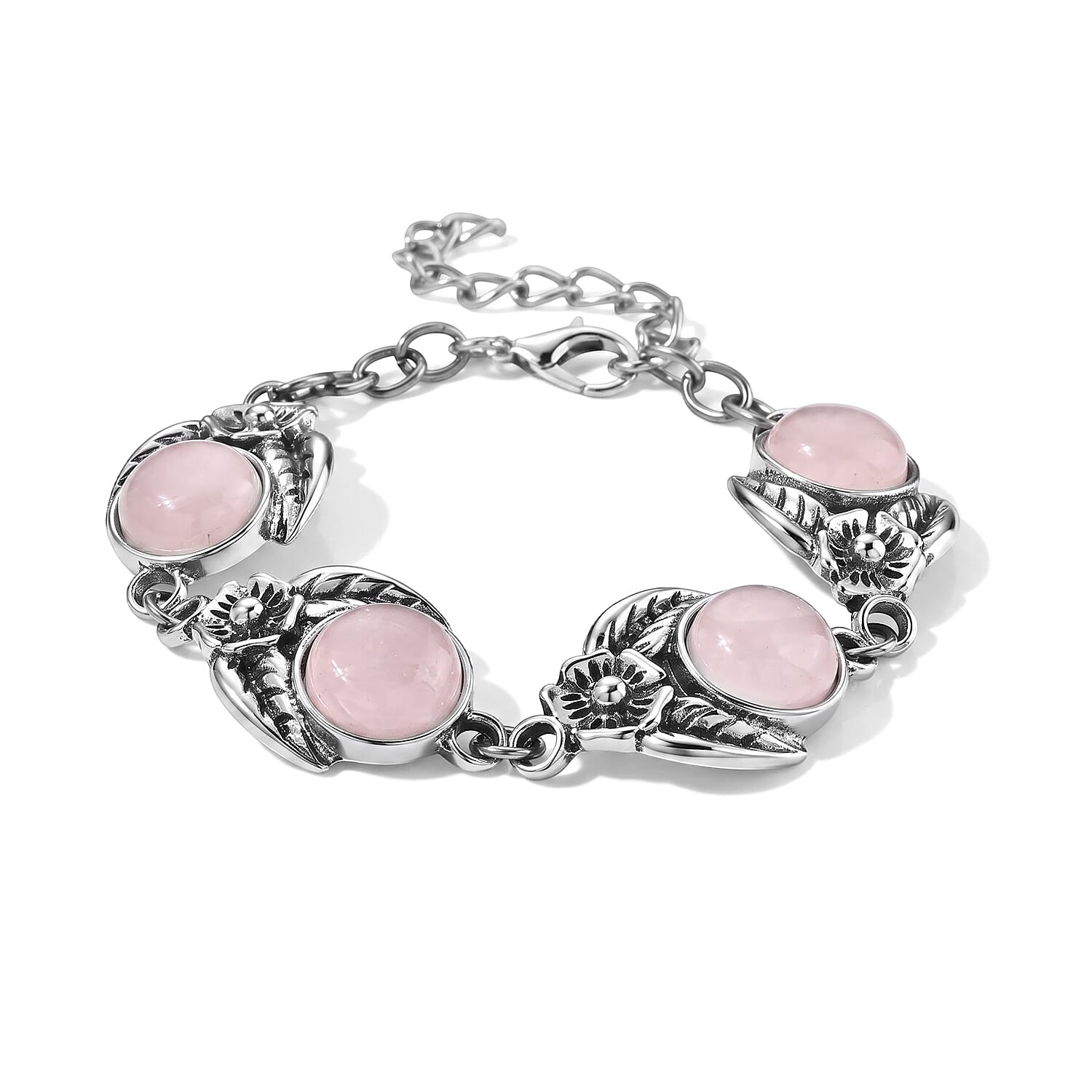 Rose Quartz 75.00 ctw Earrings and Bracelet (7-9In) in Silvertone and Stainless Steel