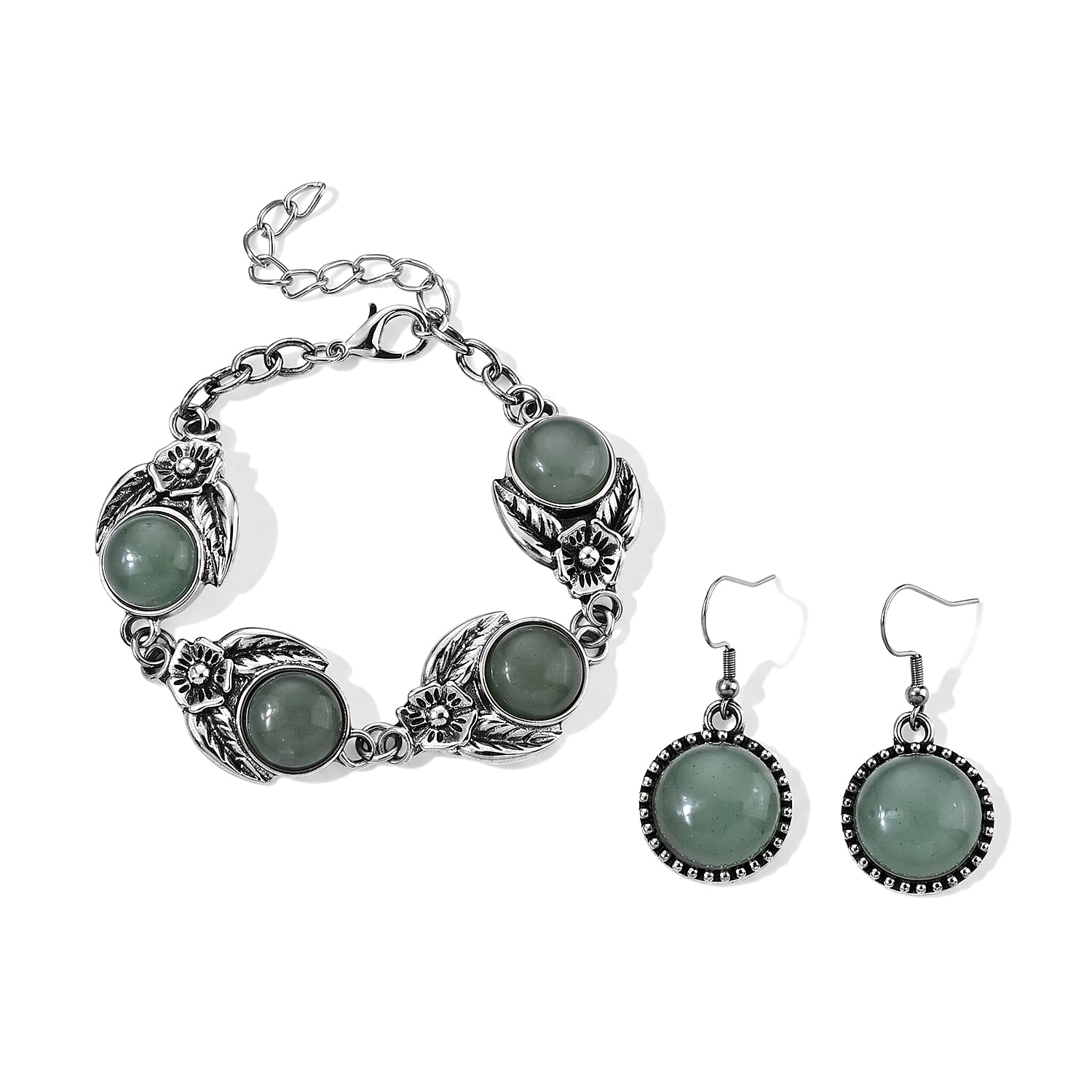 Green Aventurine 75.00 ctw Earrings and Bracelet (7-9In) in Silvertone and Stainless Steel