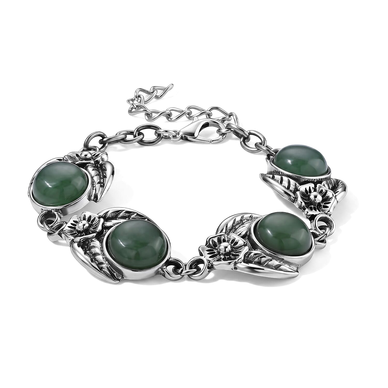 Green Aventurine 75.00 ctw Earrings and Bracelet (7-9In) in Silvertone and Stainless Steel