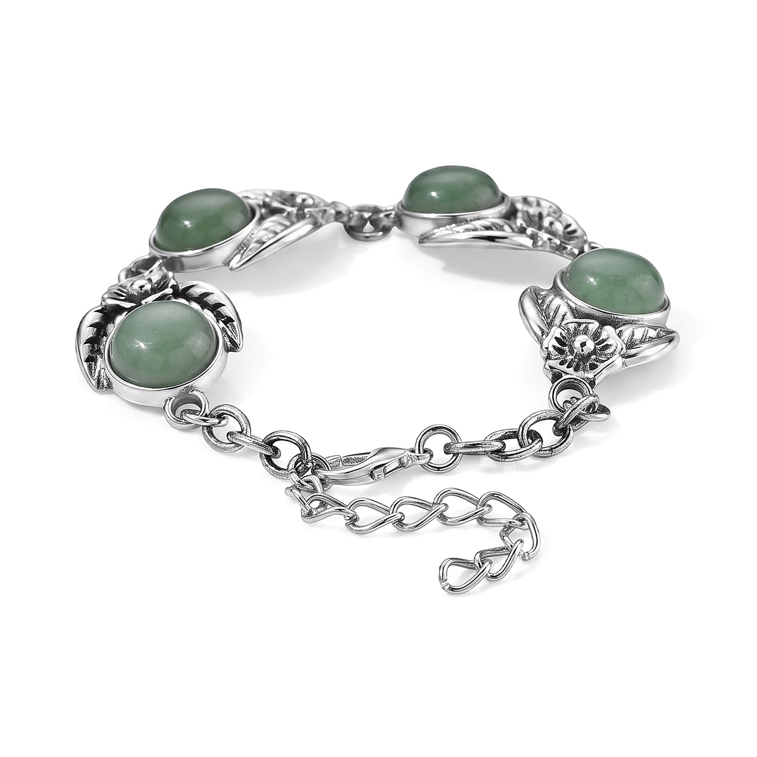 Green Aventurine 75.00 ctw Earrings and Bracelet (7-9In) in Silvertone and Stainless Steel