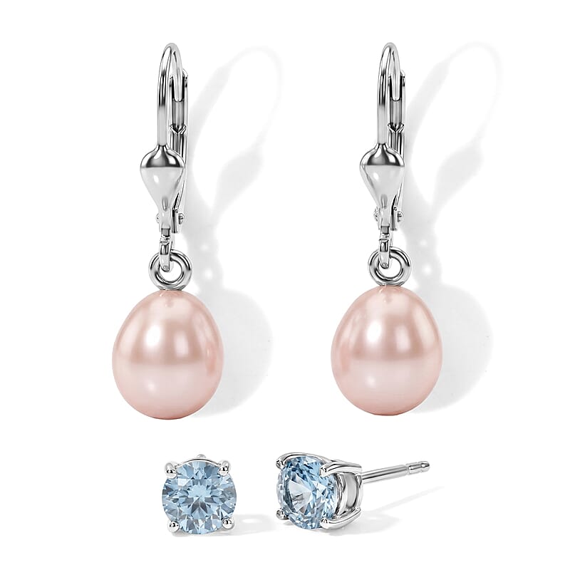 D'Joy Freshwater Pearl and Sky Blue Topaz 1.20 ctw Set of 2 Earrings in Rhodium Over Sterling Silver