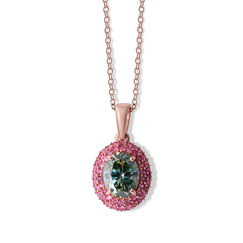 D'Joy Green Moissanite and Pink Sapphire 2.90 ctw Pendant Necklace in 18K Vermeil Rose Gold Over Sterling Silver (20 Inches)