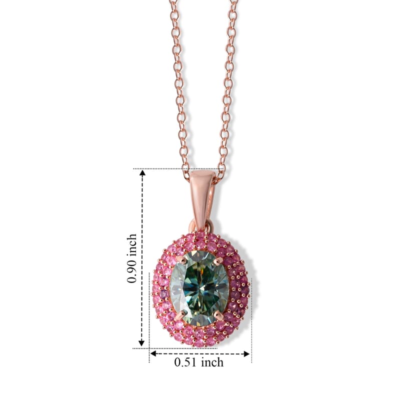 D'Joy Green Moissanite and Pink Sapphire 2.90 ctw Verdant Blush Halo Pendant Necklace in 18K Vermeil Rose Gold Over Sterling Silver (20 Inches)