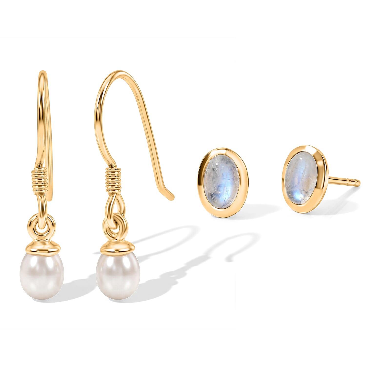 D'Joy Moon Glow Moonstone 1.15 ctw and Freshwater Pearl Set of 2 Earrings in 18K Vermeil YG Over Sterling Silver