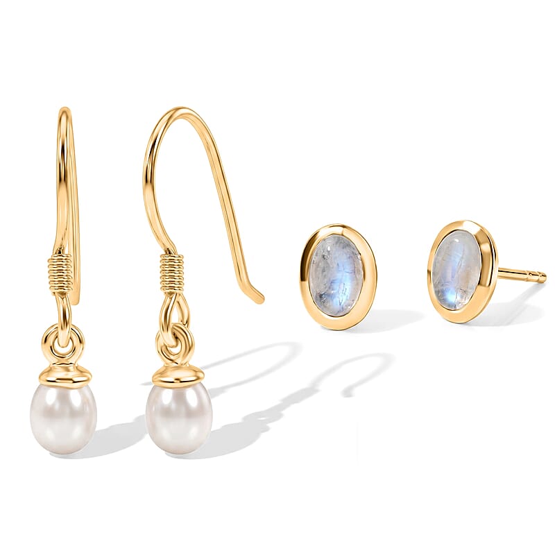 D'Joy Moon Glow Moonstone 1.15 ctw and Freshwater Pearl Set of 2 Earrings in 18K Vermeil YG Over Sterling Silver