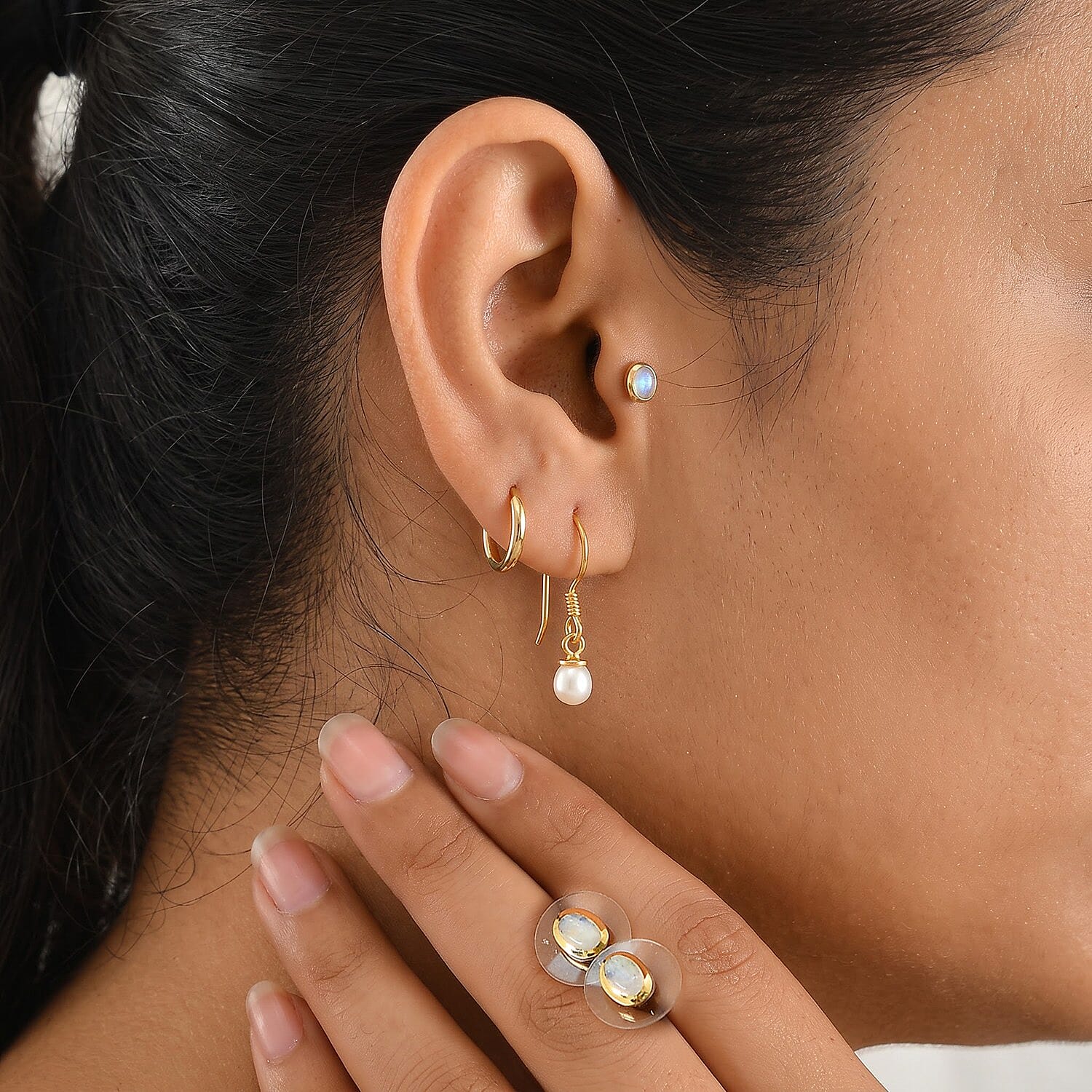 D'Joy Moon Glow Moonstone 1.15 ctw and Freshwater Pearl Set of 2 Earrings in 18K Vermeil YG Over Sterling Silver