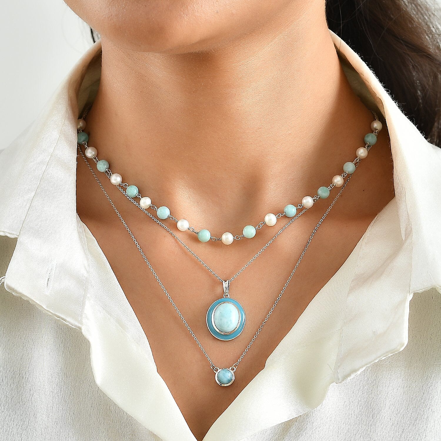 D'Joy Larimar 13.70 ctw, Freshwater Pearl 2pcs Set Necklace (18 Inches) and Pendant Necklace (20 Inches) in Rhodium Over Sterling Silver