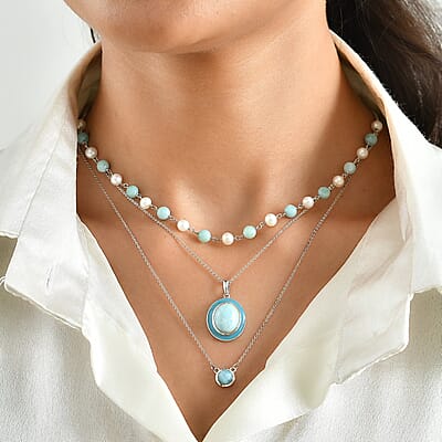 D'Joy Larimar 13.70 ctw, Freshwater Pearl 2pcs Set Necklace (18 Inches) and Pendant Necklace (20 Inches) in Rhodium Over Sterling Silver