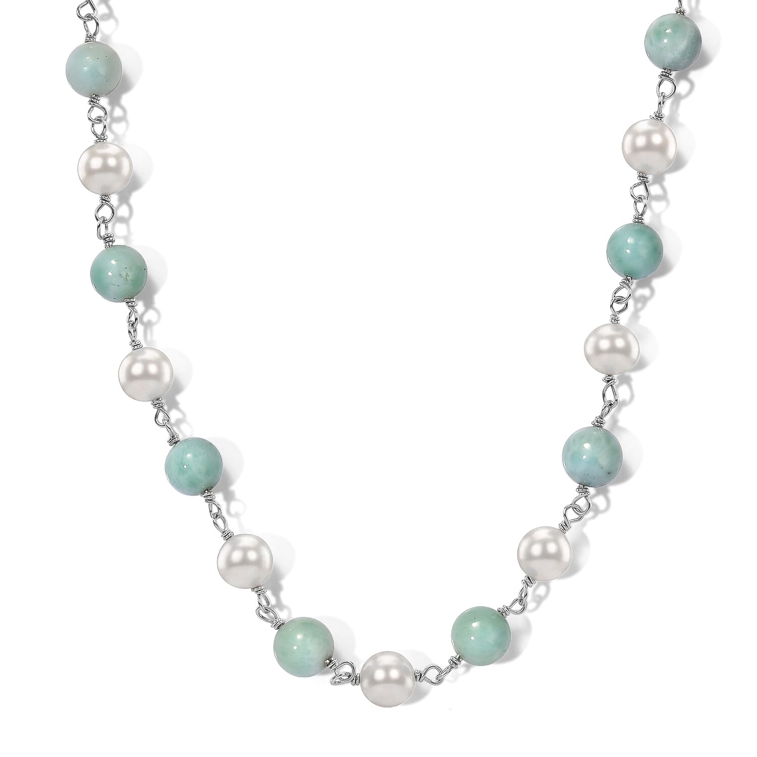 D'Joy Larimar 13.70 ctw, Freshwater Pearl 2pcs Set Necklace (18 Inches) and Pendant Necklace (20 Inches) in Rhodium Over Sterling Silver