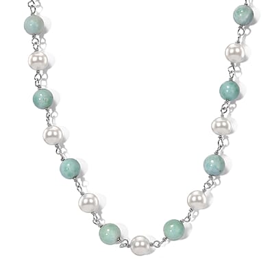 D'Joy Larimar 13.70 ctw, Freshwater Pearl 2pcs Set Necklace (18 Inches) and Pendant Necklace (20 Inches) in Rhodium Over Sterling Silver