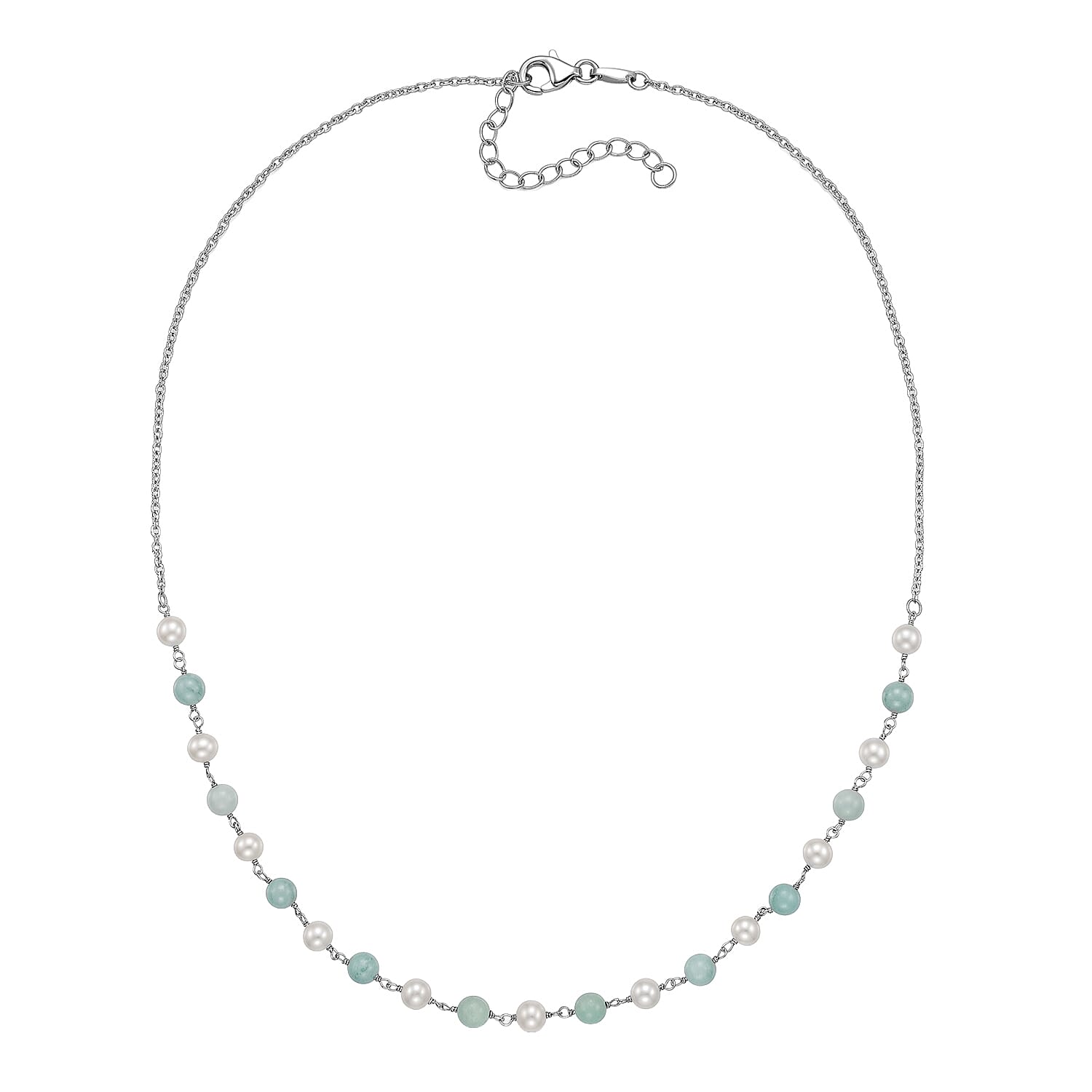 D'Joy Larimar 13.70 ctw, Freshwater Pearl 2pcs Set Necklace (18 Inches) and Pendant Necklace (20 Inches) in Rhodium Over Sterling Silver