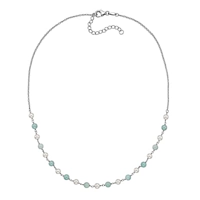 D'Joy Larimar 13.70 ctw, Freshwater Pearl 2pcs Set Necklace (18 Inches) and Pendant Necklace (20 Inches) in Rhodium Over Sterling Silver