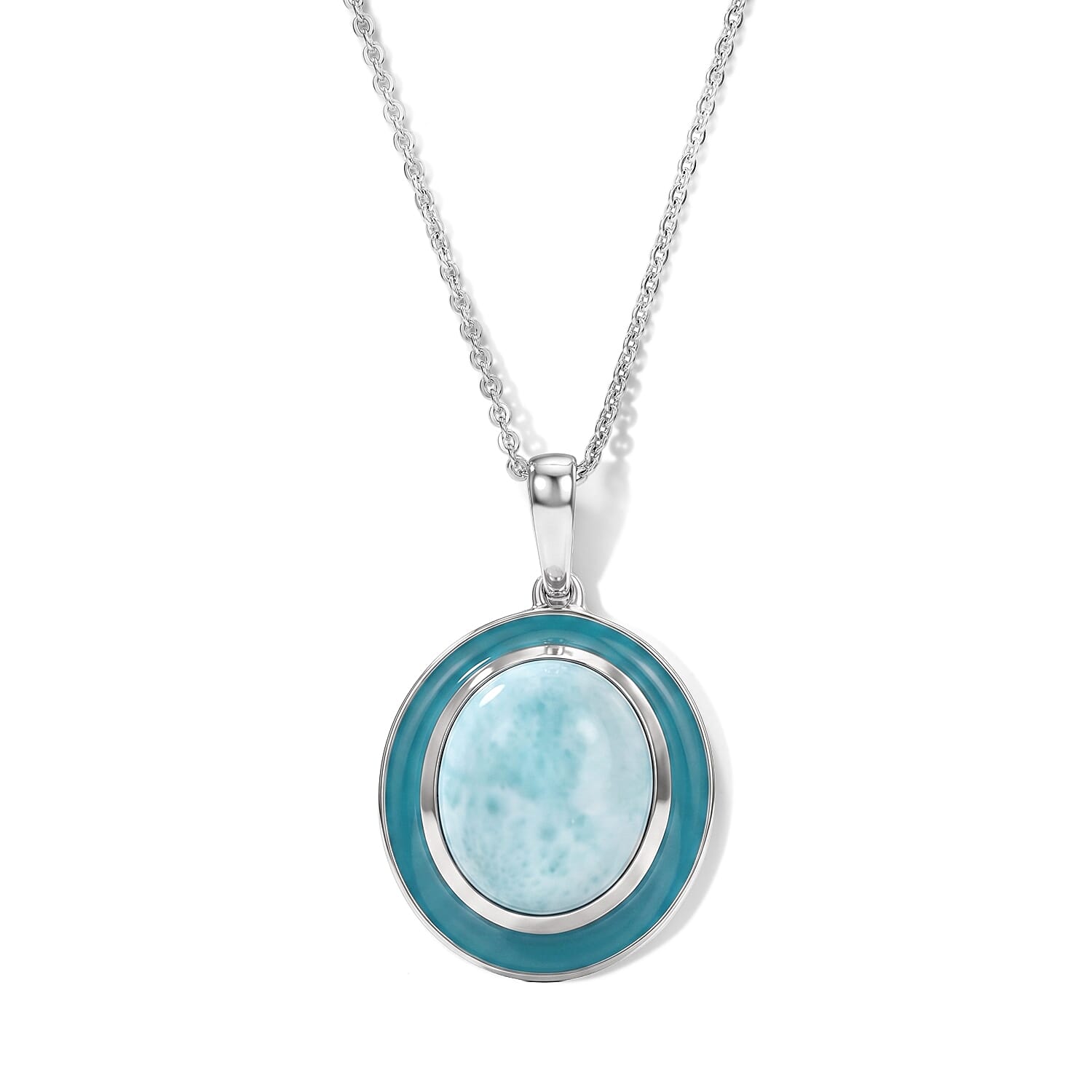 D'Joy Larimar 13.70 ctw, Freshwater Pearl 2pcs Set Necklace (18 Inches) and Pendant Necklace (20 Inches) in Rhodium Over Sterling Silver