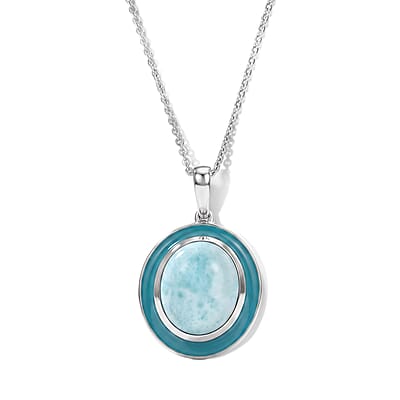D'Joy Larimar 13.70 ctw, Freshwater Pearl 2pcs Set Necklace (18 Inches) and Pendant Necklace (20 Inches) in Rhodium Over Sterling Silver
