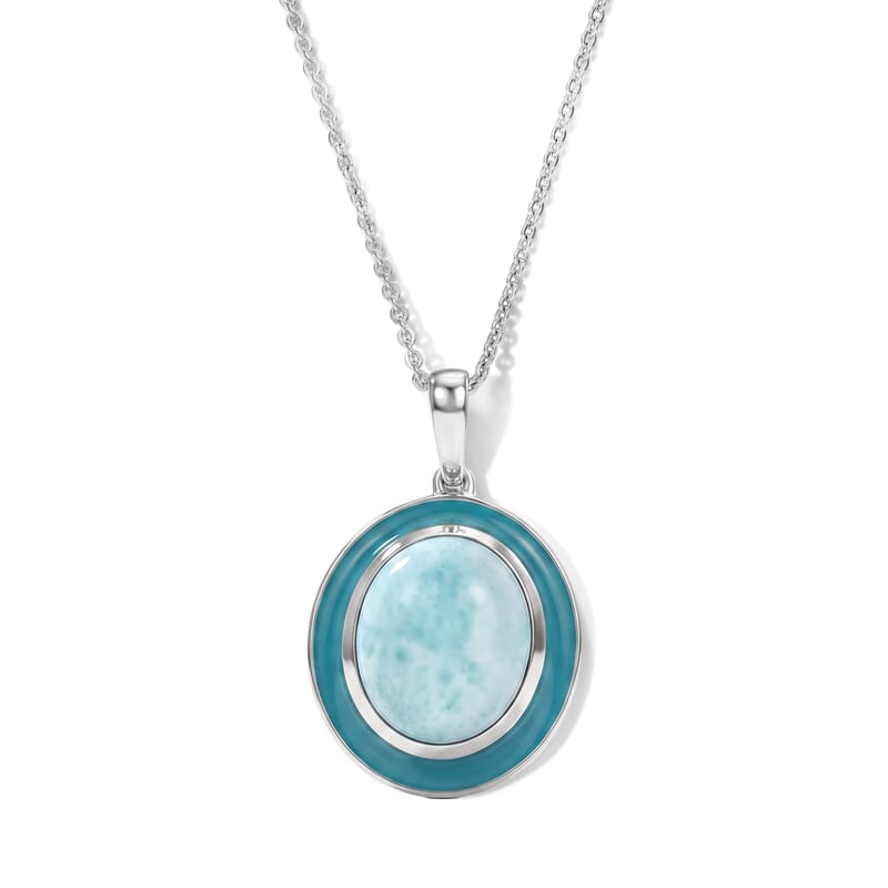 D'Joy Larimar 13.70 ctw, Freshwater Pearl 2pcs Set Coastal Layers Necklace (18 Inches) and Pendant Necklace (20 Inches) in Rhodium Over Sterling Silver