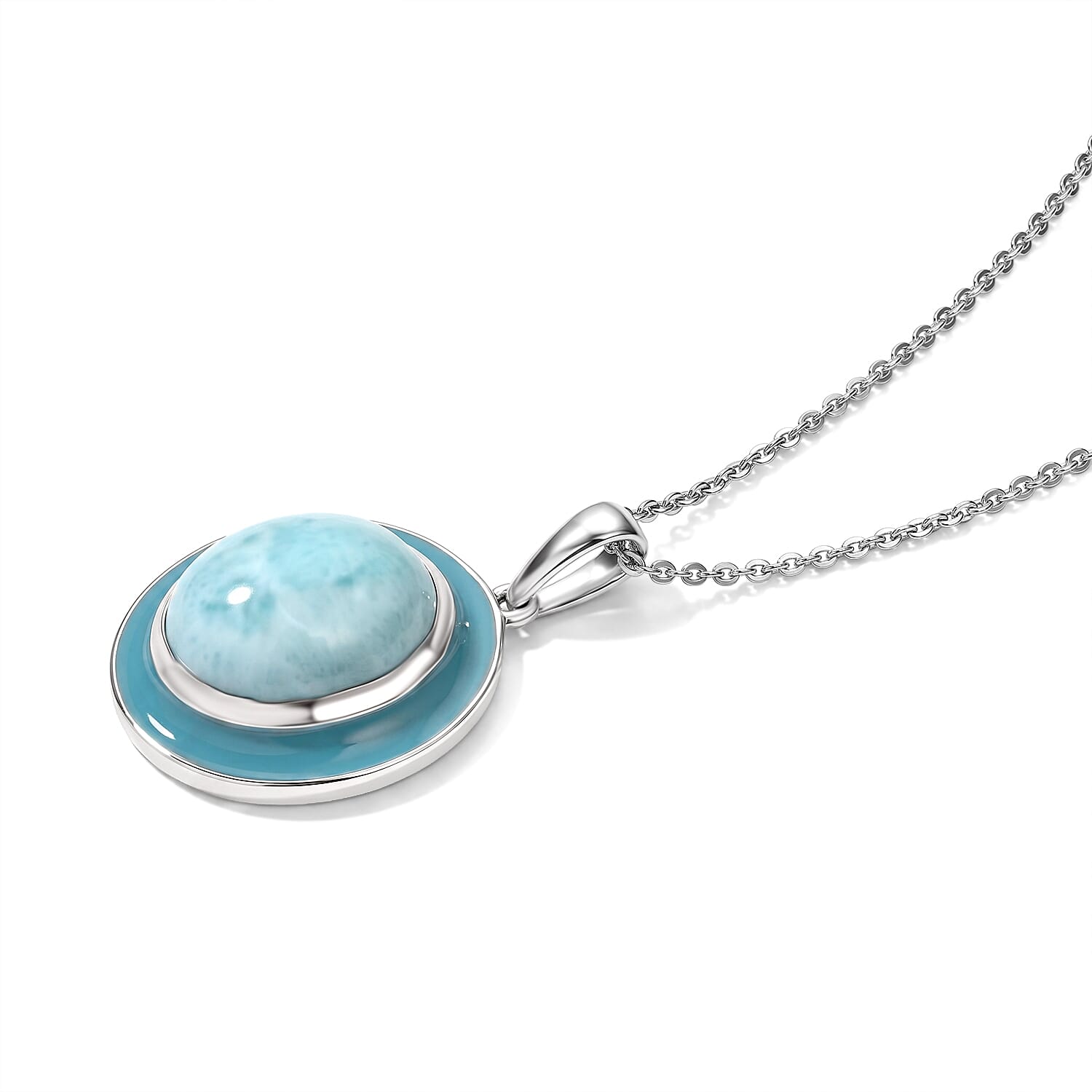 D'Joy Larimar 13.70 ctw, Freshwater Pearl 2pcs Set Necklace (18 Inches) and Pendant Necklace (20 Inches) in Rhodium Over Sterling Silver