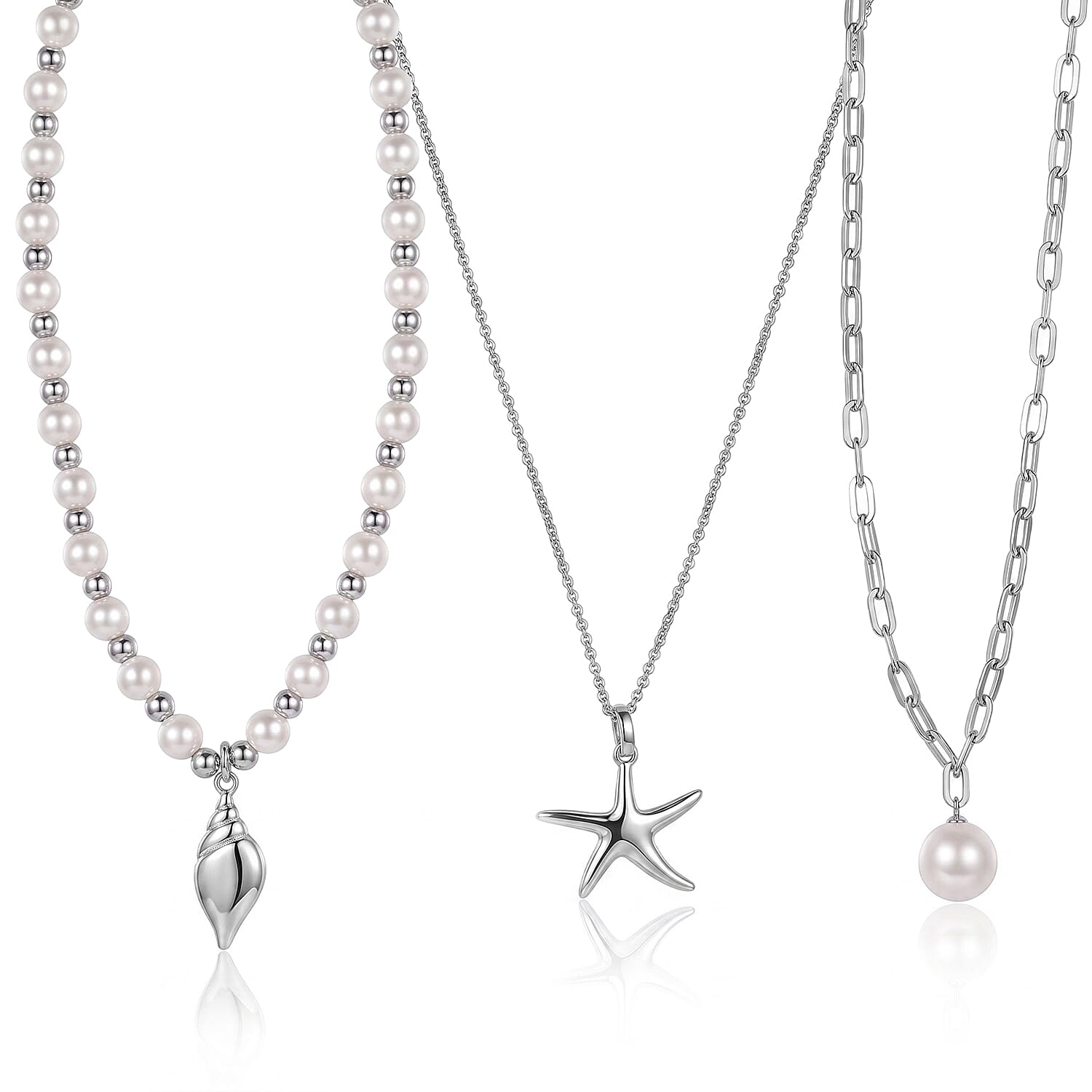 D'Joy Freshwater Pearl 2pcs Set Necklace (18 Inches) and Pendant Necklace (20 Inches) in Rhodium Over Sterling Silver