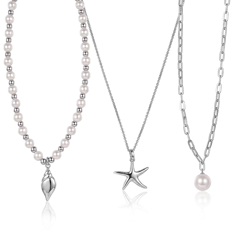 D'Joy Freshwater Pearl 2pcs Set Necklace (18 Inches) and Pendant Necklace (20 Inches) in Rhodium Over Sterling Silver