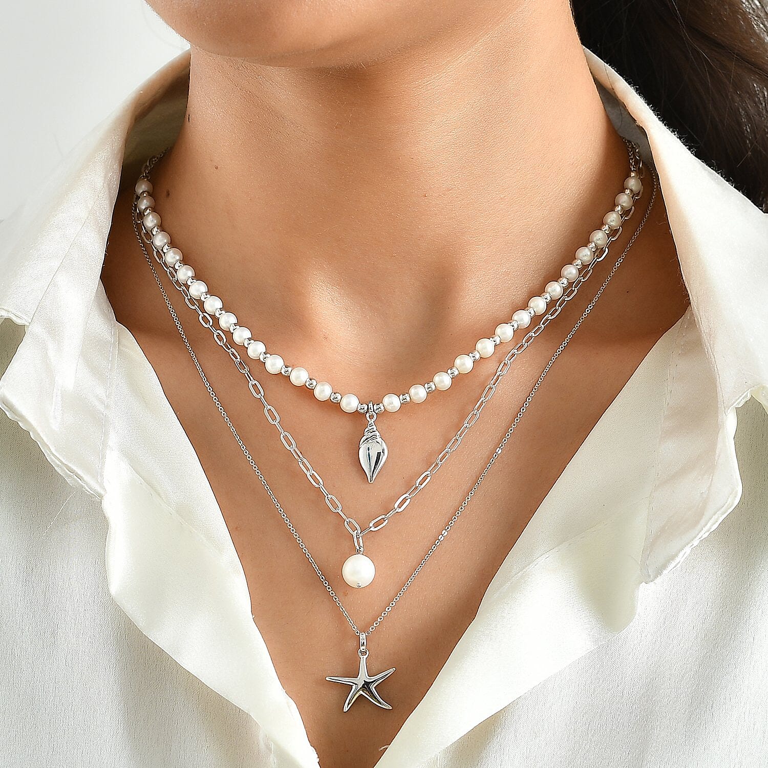 D'Joy Freshwater Pearl 2pcs Set Necklace (18 Inches) and Pendant Necklace (20 Inches) in Rhodium Over Sterling Silver
