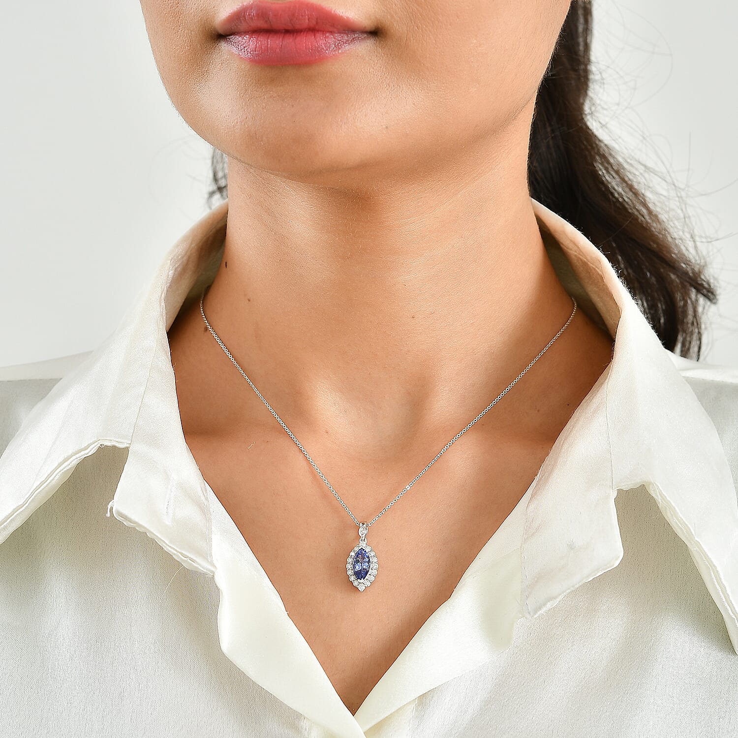 Certified and Appraised D'Joy Premium Tanzanite and Moissanite 1.82 ctw Pendant Necklace (18 Inches) in Rhodium Over Sterling Silver