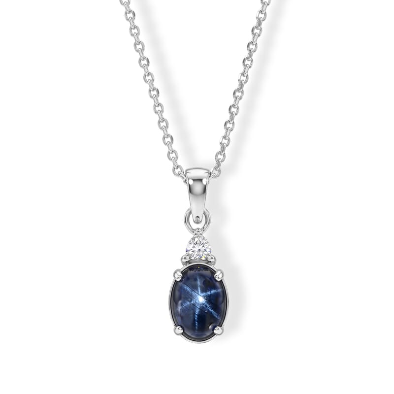 D'Joy Premium Blue Star Sapphire (DF) and Moissanite 1.50 ctw The Celestial Love Pendant in Rhodium Over Sterling Silver with Stainless Steel Necklace 20 Inches