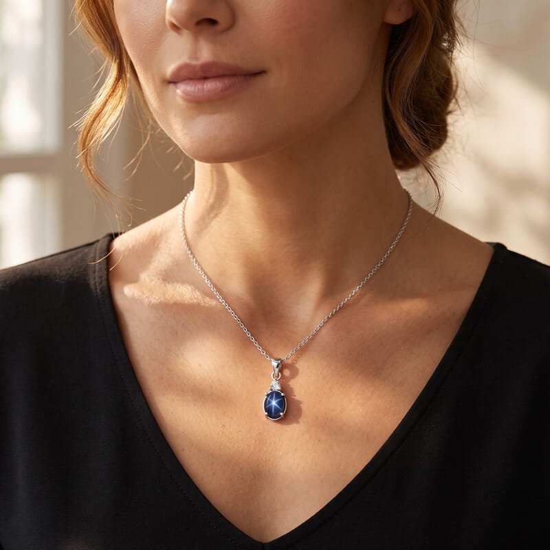 D'Joy Premium Blue Star Sapphire (DF) and Moissanite 1.50 ctw The Celestial Love Pendant in Rhodium Over Sterling Silver with Stainless Steel Necklace 20 Inches