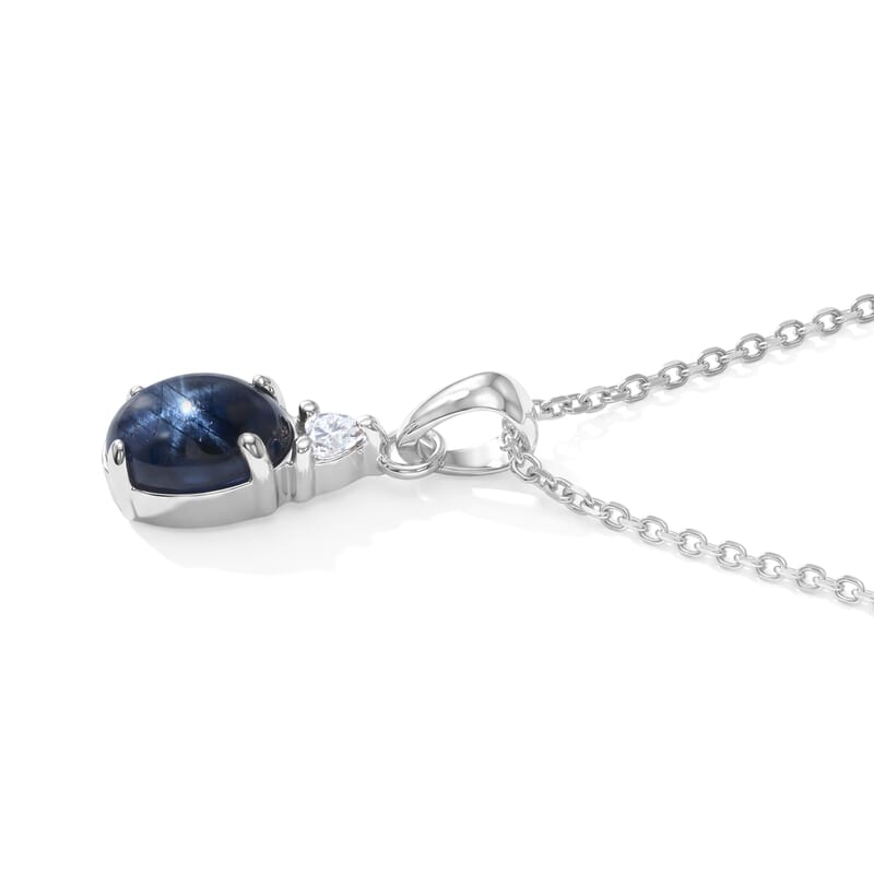 D'Joy Premium Blue Star Sapphire (DF) and Moissanite 1.50 ctw The Celestial Love Pendant in Rhodium Over Sterling Silver with Stainless Steel Necklace 20 Inches