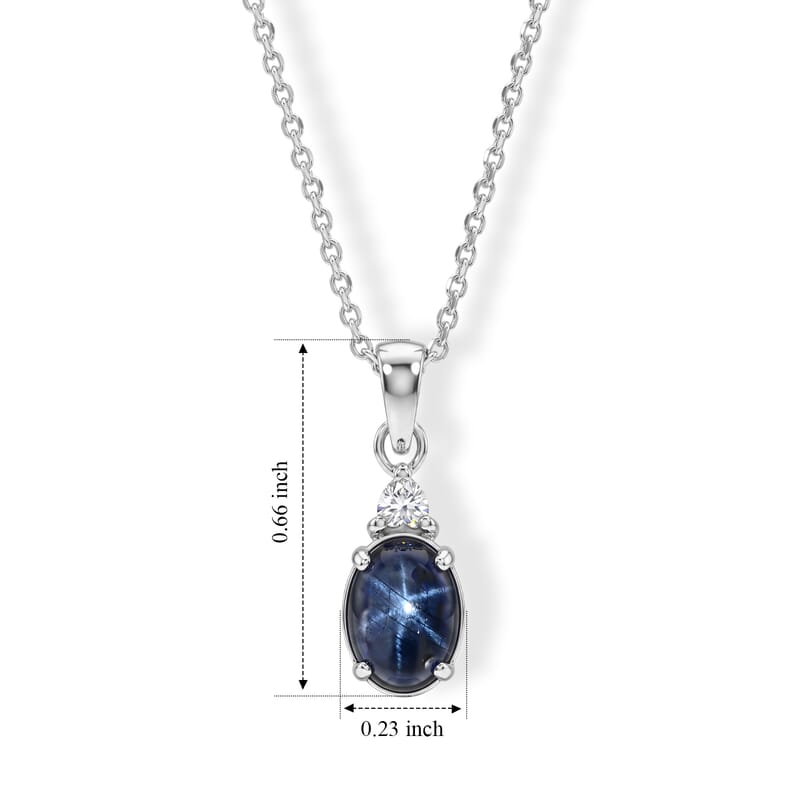 D'Joy Premium Blue Star Sapphire (DF) and Moissanite 1.50 ctw The Celestial Love Pendant in Rhodium Over Sterling Silver with Stainless Steel Necklace 20 Inches