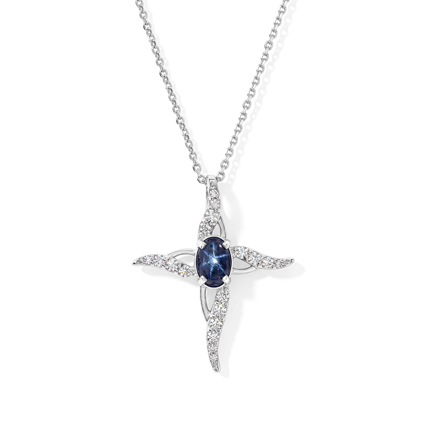 D'Joy Premium Blue Star Sapphire (DF) and Moissanite 1.10 ctw The Celestial Cross Pendant in Rhodium Over Sterling Silver with Stainless Steel Necklace 20 Inches
