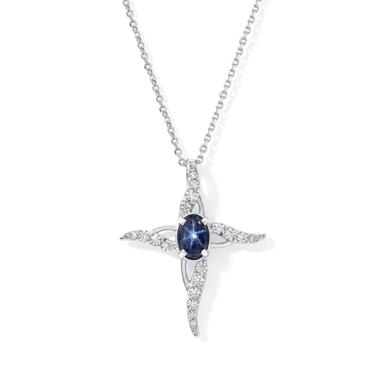 D'Joy Premium Blue Star Sapphire (DF) and Moissanite 1.10 ctw The Celestial Cross Pendant in Rhodium Over Sterling Silver with Stainless Steel Necklace 20 Inches