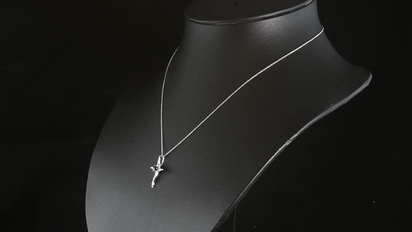 D''Joy Premium Blue Star Sapphire (DF), Moissanite The Celestial Cross Pendant in Rhodium Over Sterling Silver with Stainless Steel Necklace (20 Inches) 1.10 ctw