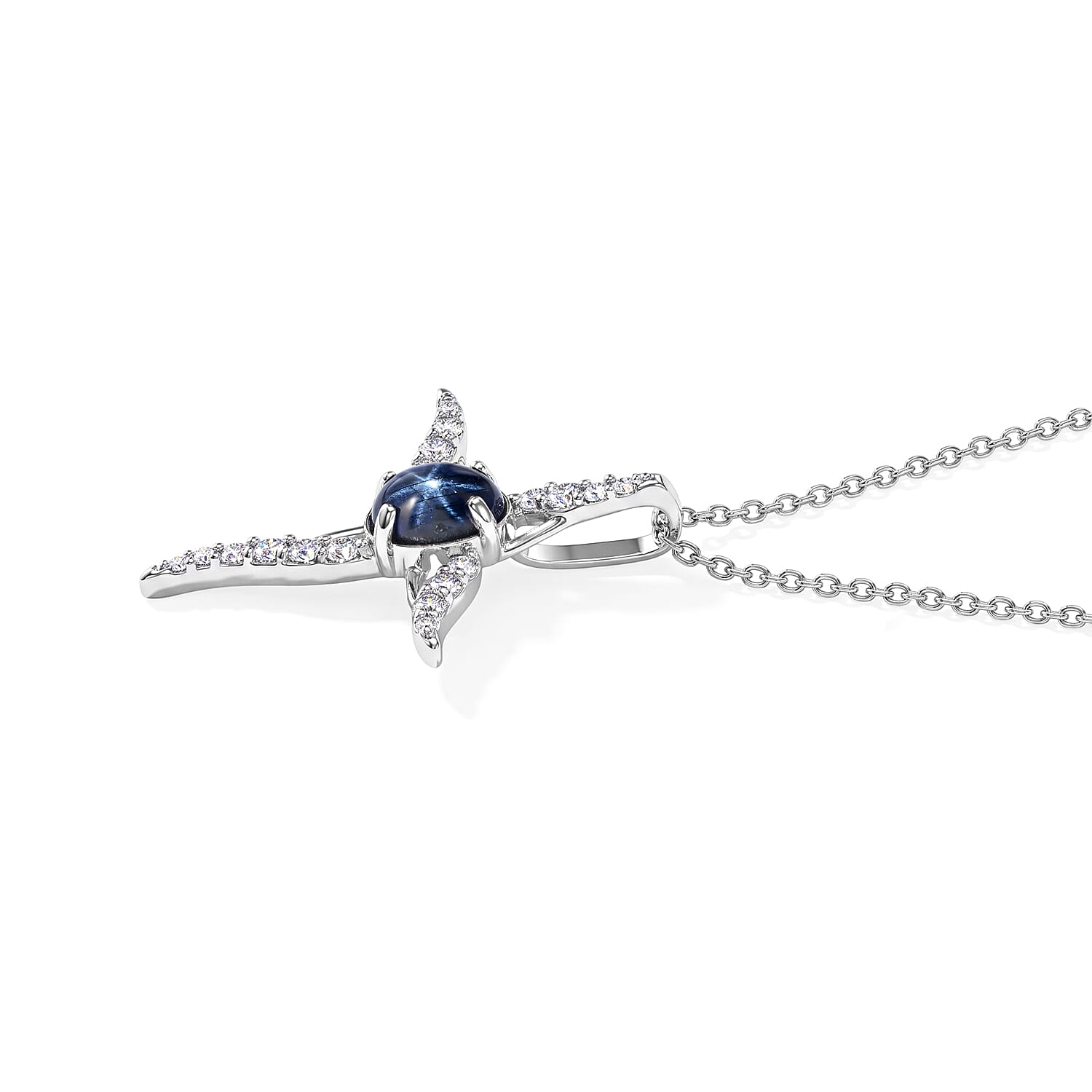 D'Joy Premium Blue Star Sapphire (DF) and Moissanite 1.10 ctw The Celestial Cross Pendant in Rhodium Over Sterling Silver with Stainless Steel Necklace 20 Inches