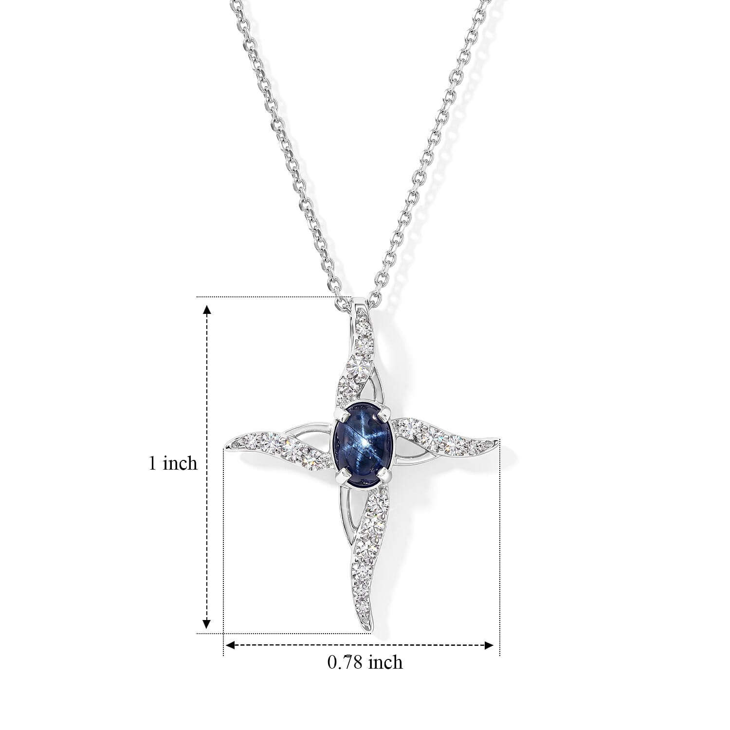 D'Joy Premium Blue Star Sapphire (DF) and Moissanite 1.10 ctw The Celestial Cross Pendant in Rhodium Over Sterling Silver with Stainless Steel Necklace 20 Inches