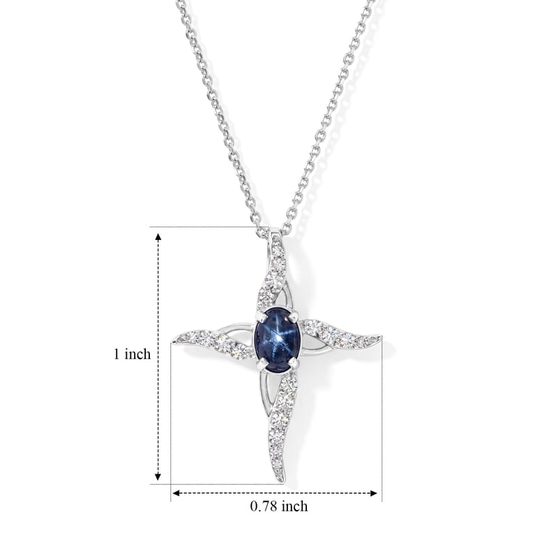 D'Joy Premium Blue Star Sapphire (DF) and Moissanite 1.10 ctw The Celestial Cross Pendant in Rhodium Over Sterling Silver with Stainless Steel Necklace 20 Inches