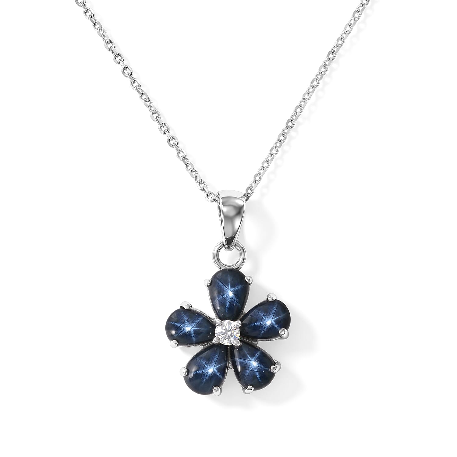 D'Joy Premium Blue Star Sapphire (DF) and Moissanite 3.10 ctw The Celestial Blossom Pendant Necklace in Rhodium Over Sterling Silver 20 Inches