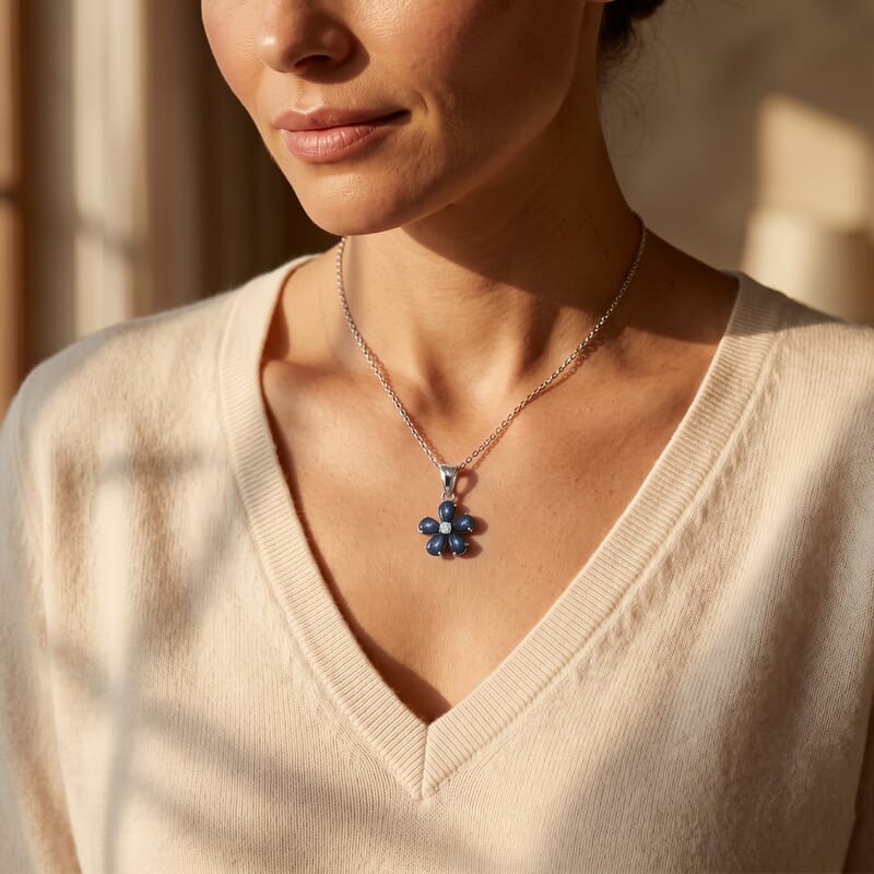 D'Joy Premium Blue Star Sapphire (DF) and Moissanite 3.10 ctw The Celestial Blossom Pendant Necklace in Rhodium Over Sterling Silver 20 Inches