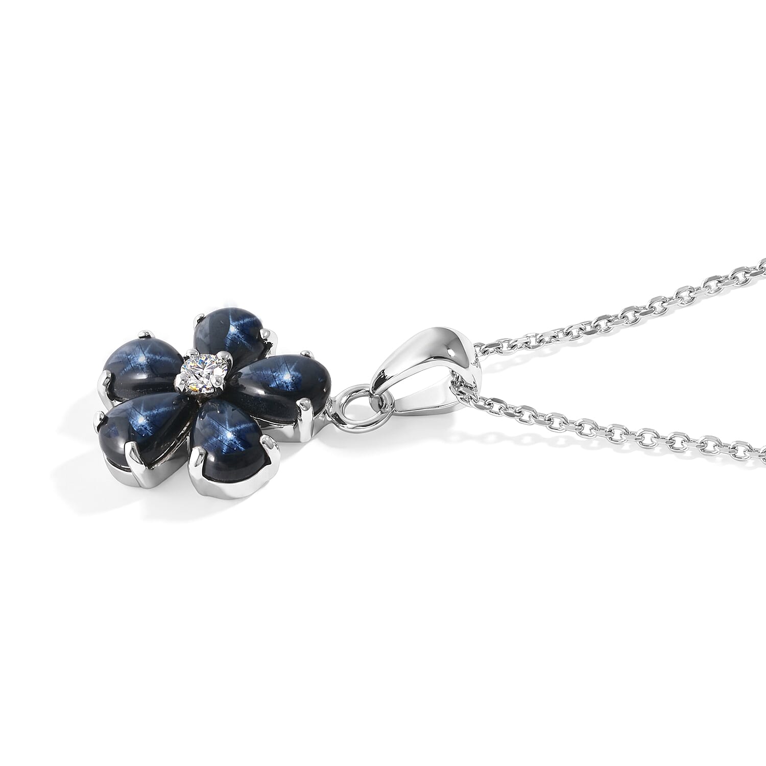 D'Joy Premium Blue Star Sapphire (DF) and Moissanite 3.10 ctw The Celestial Blossom Pendant Necklace in Rhodium Over Sterling Silver 20 Inches