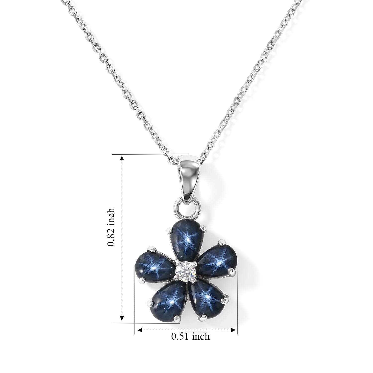 D'Joy Premium Blue Star Sapphire (DF) and Moissanite 3.10 ctw The Celestial Blossom Pendant Necklace in Rhodium Over Sterling Silver 20 Inches