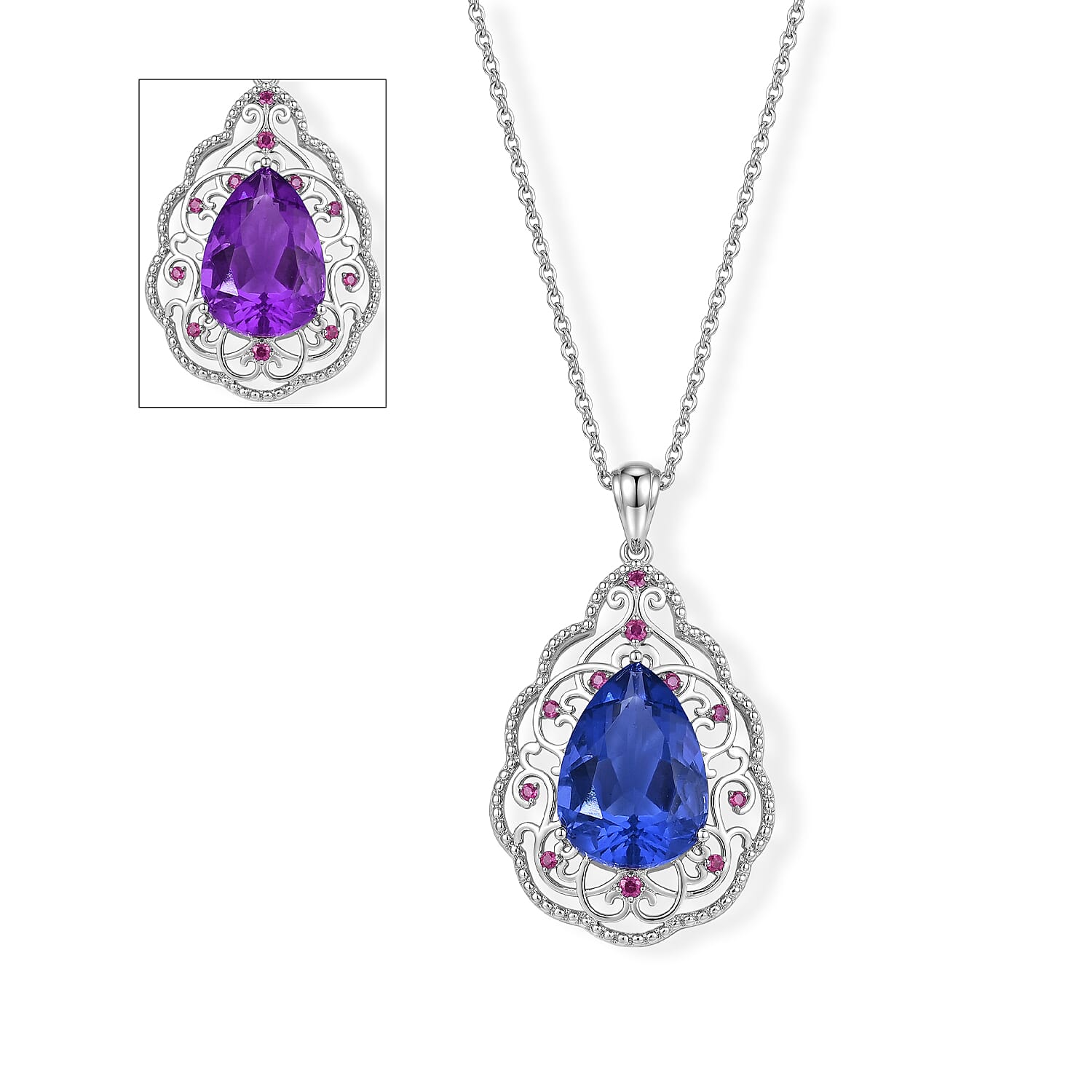 EverTrue Color Change Fluorite and Orissa Rhodolite Garnet 13.50 ctw Pendant in Platinum Bond with Stainless Steel Necklace 20 Inches