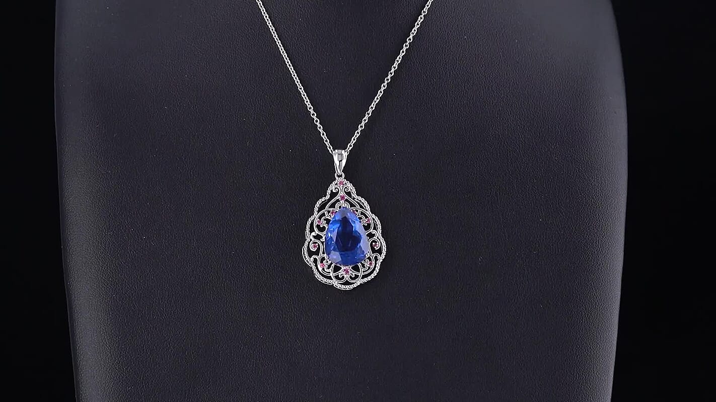 EverTrue Color Change Fluorite and Orissa Rhodolite Garnet 13.50 ctw Pendant in Platinum Bond with Stainless Steel Necklace 20 Inches