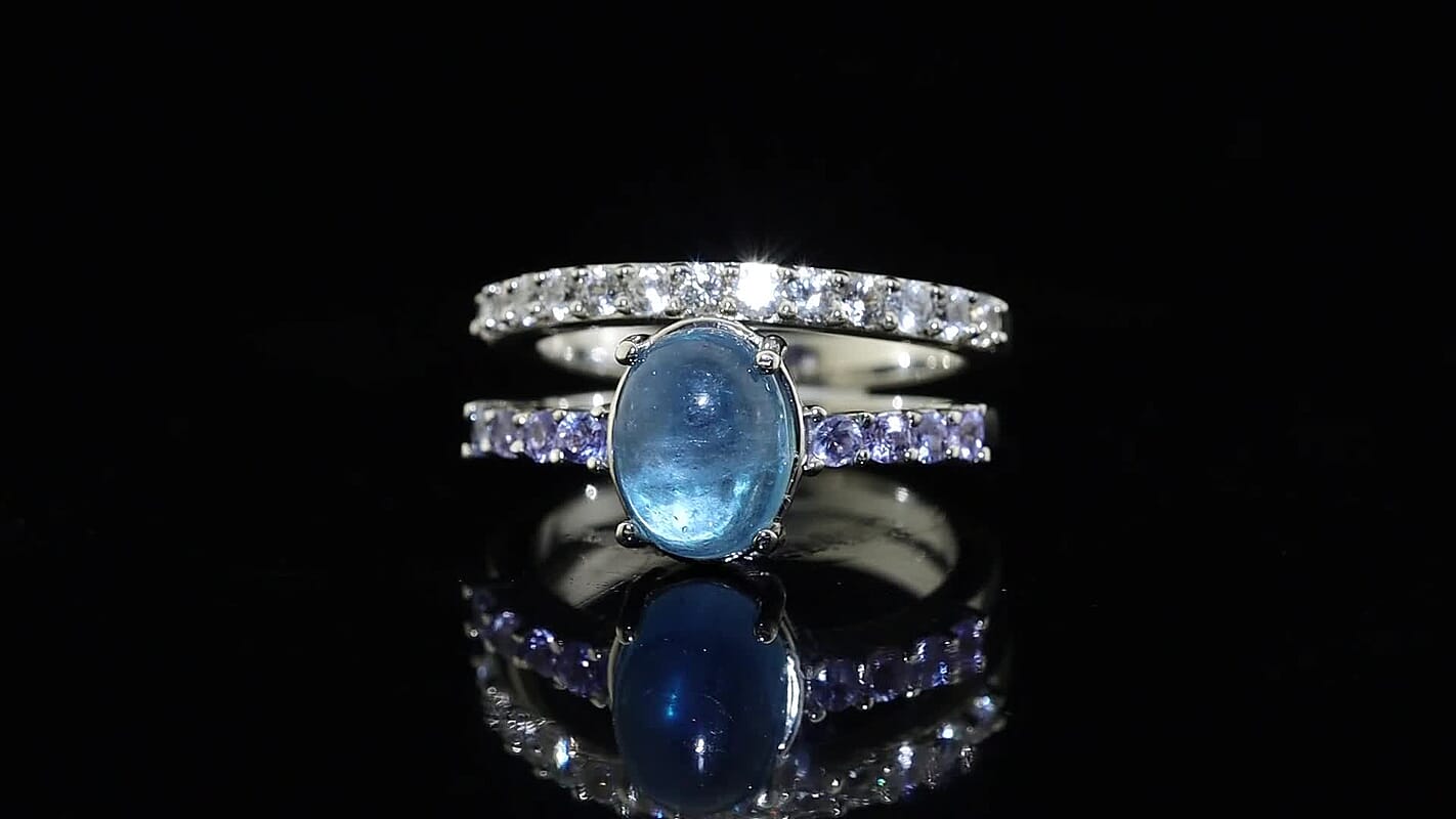 EverTrue Santa Maria Aquamarine and Multi Gemstone 3.65 ctw Set of 2 Ring in Platinum Bond