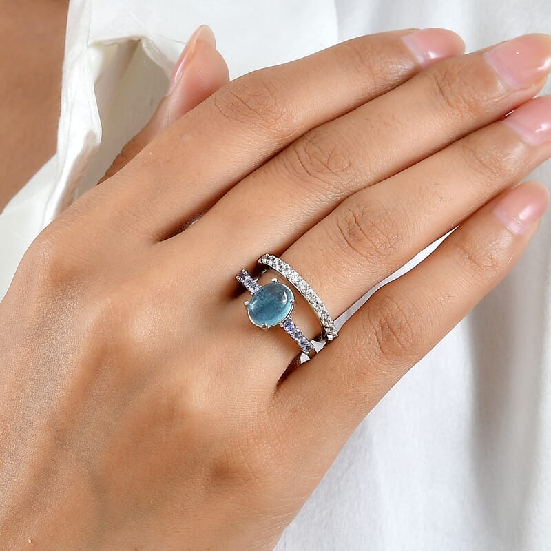 EverTrue Santa Maria Aquamarine and Multi Gemstone 3.65 ctw Set of 2 Ring in Platinum Bond (Size 5.0)