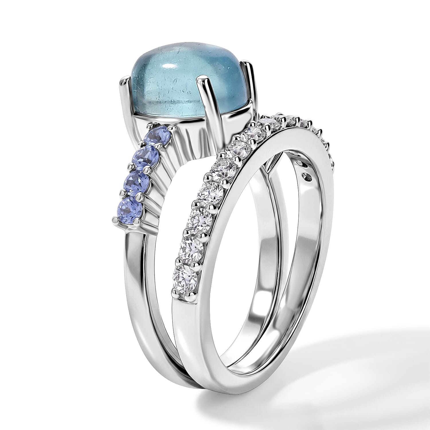 EverTrue Santa Maria Aquamarine and Multi Gemstone 3.65 ctw Set of 2 Ring in Platinum Bond (Size 5.0)