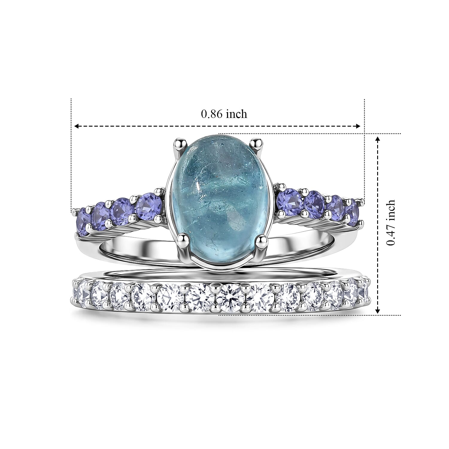 EverTrue Santa Maria Aquamarine and Multi Gemstone 3.65 ctw Set of 2 Ring in Platinum Bond (Size 5.0)