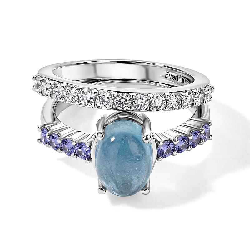 EverTrue Santa Maria Aquamarine and Multi Gemstone 3.65 ctw Set of 2 Ring in Platinum Bond