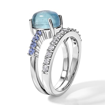 EverTrue Santa Maria Aquamarine and Multi Gemstone 3.65 ctw Set of 2 Ring in Platinum Bond
