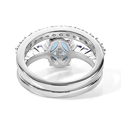 EverTrue Santa Maria Aquamarine and Multi Gemstone 3.65 ctw Set of 2 Ring in Platinum Bond