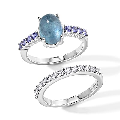 EverTrue Santa Maria Aquamarine and Multi Gemstone 3.65 ctw Set of 2 Ring in Platinum Bond